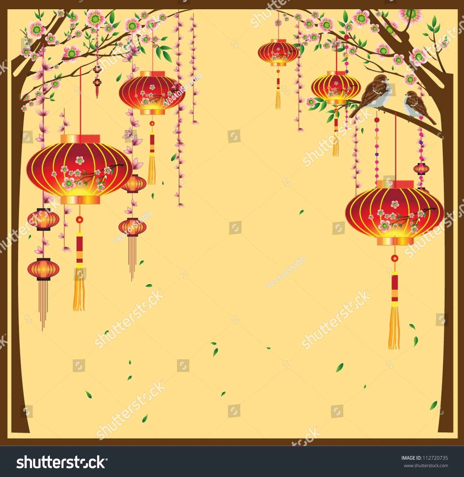 快乐的新年传统灯笼与黄色背景说明-物体,符号