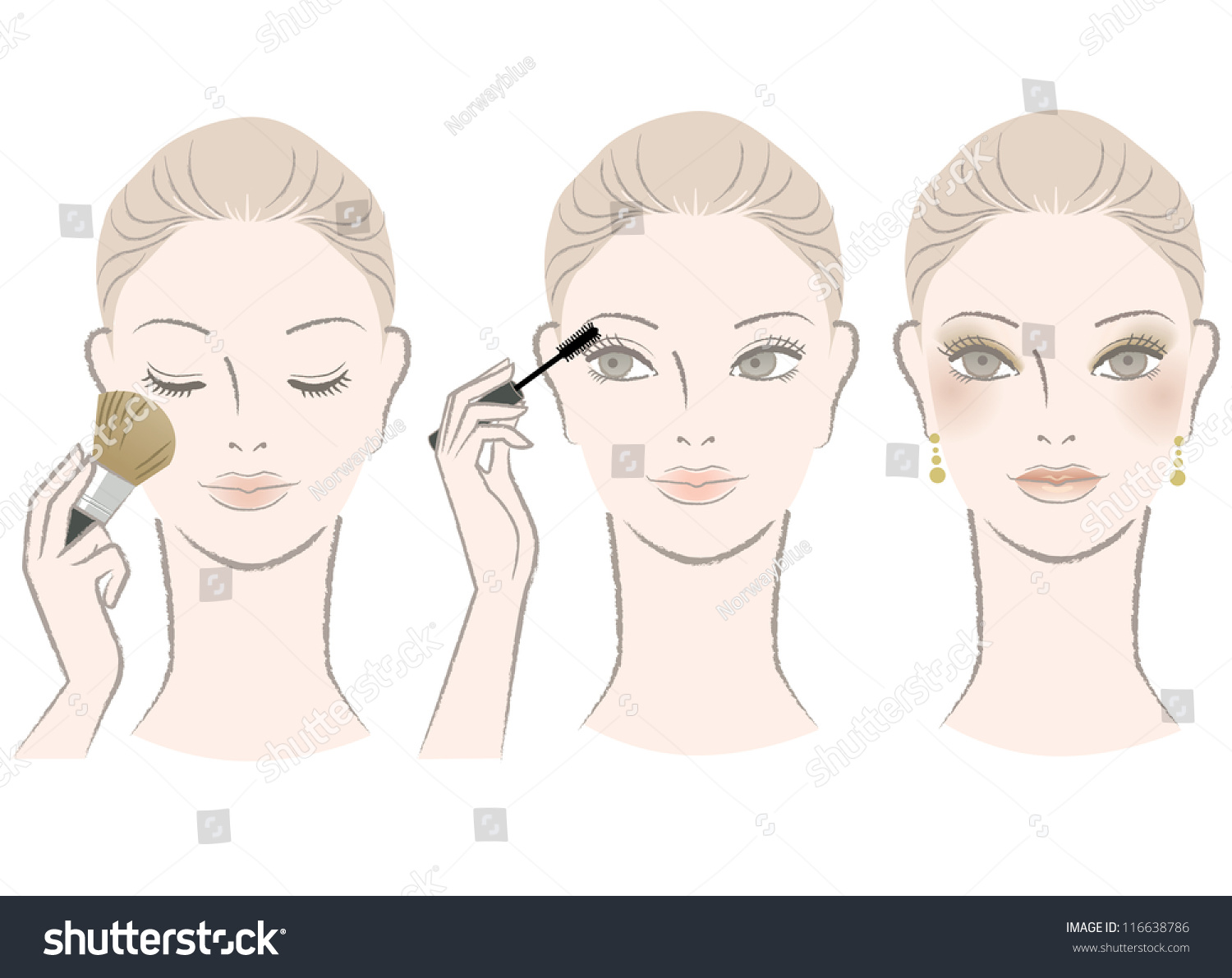 漂亮的女人化妆过程--睫毛膏,脸颊。孤立在白色