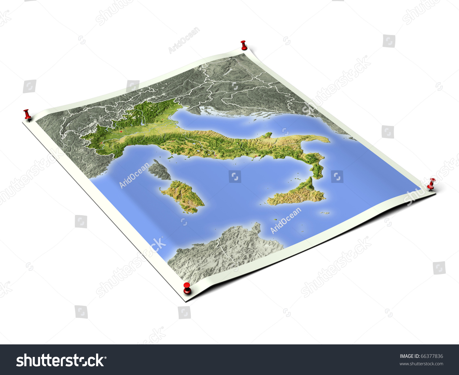 意大利展开图幅用图钉。地图色根据植被,与边