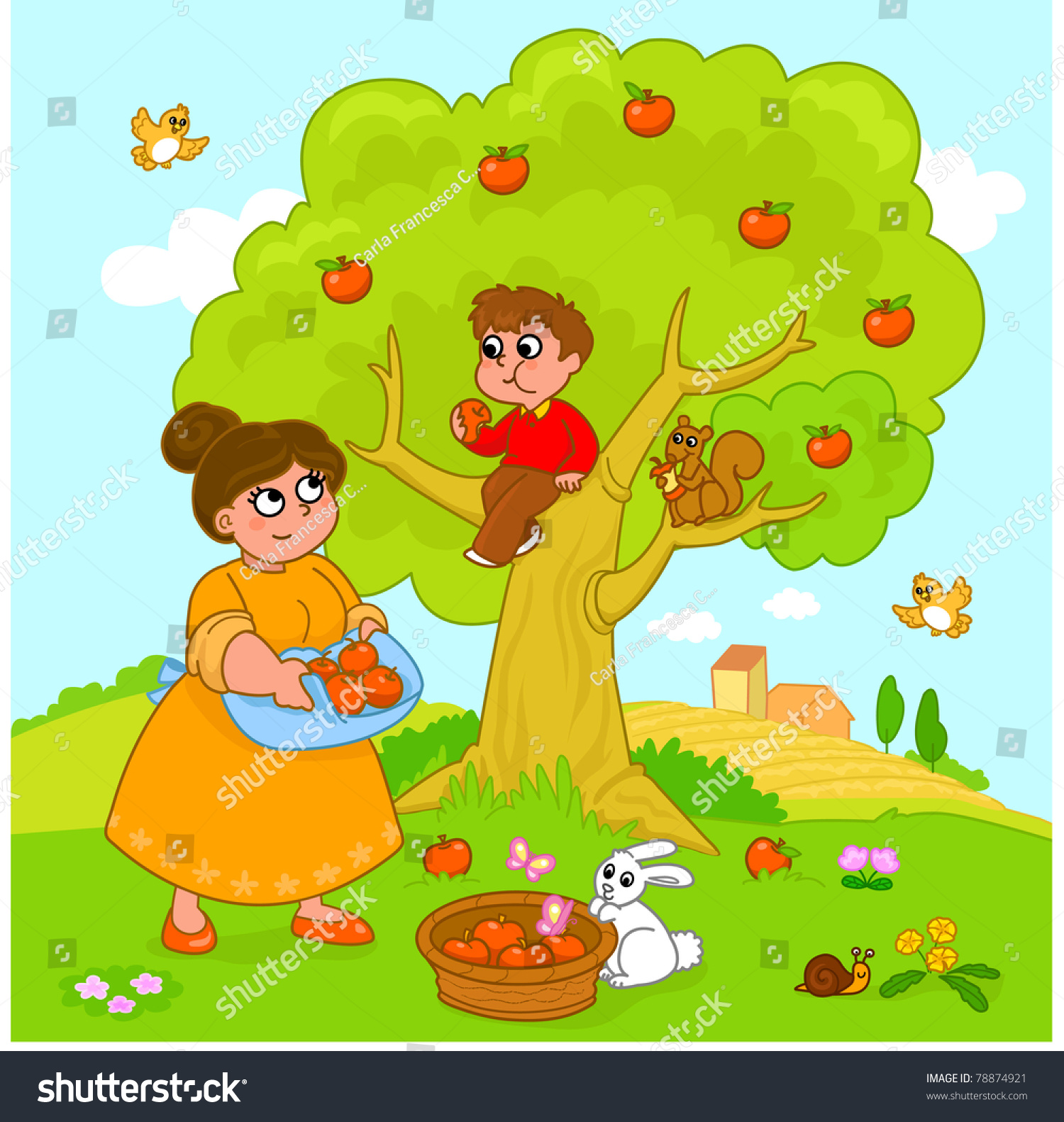 孩子们从树上摘苹果插画图片素材_ID:158169901-Veer图库