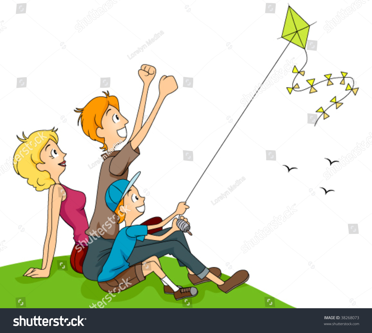 family flying kite - vector