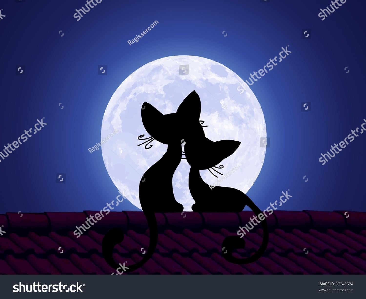 猫坐在瓦屋顶和盯着月亮.